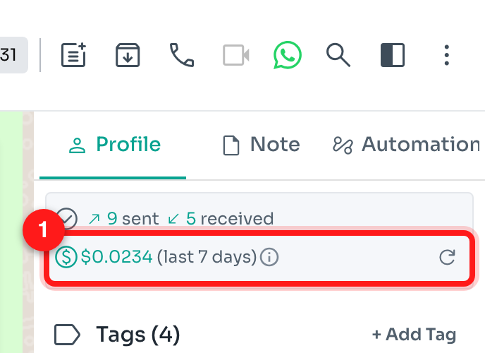 Example of a contact with billable Meta conversations: $0.0234 (last 7 days) (1).