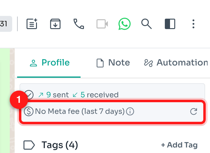 When there are no billable conversations: "No Meta fee (last 7 days)" (1).