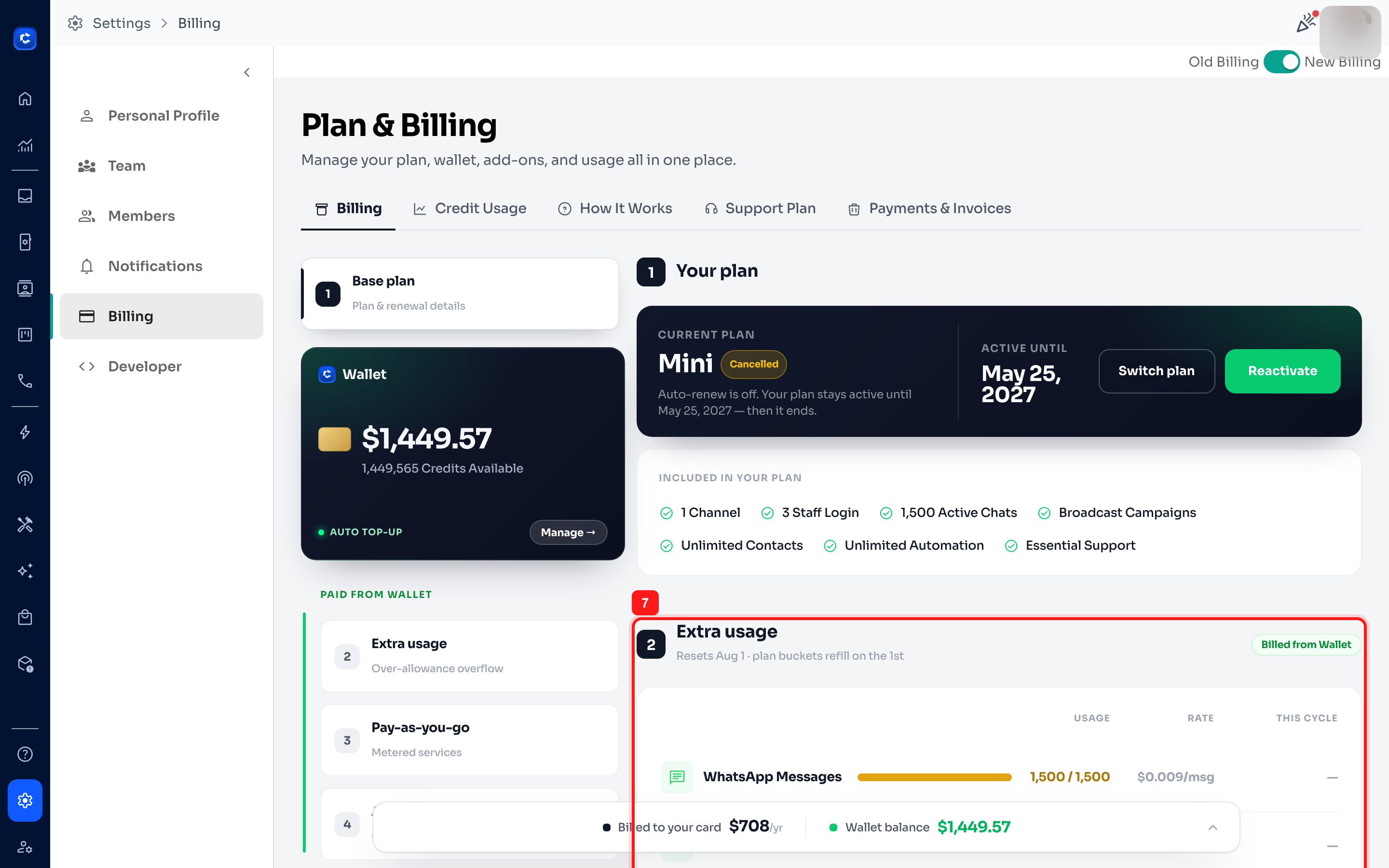 Extra usage: allowances used this cycle and the wallet rate for overage.