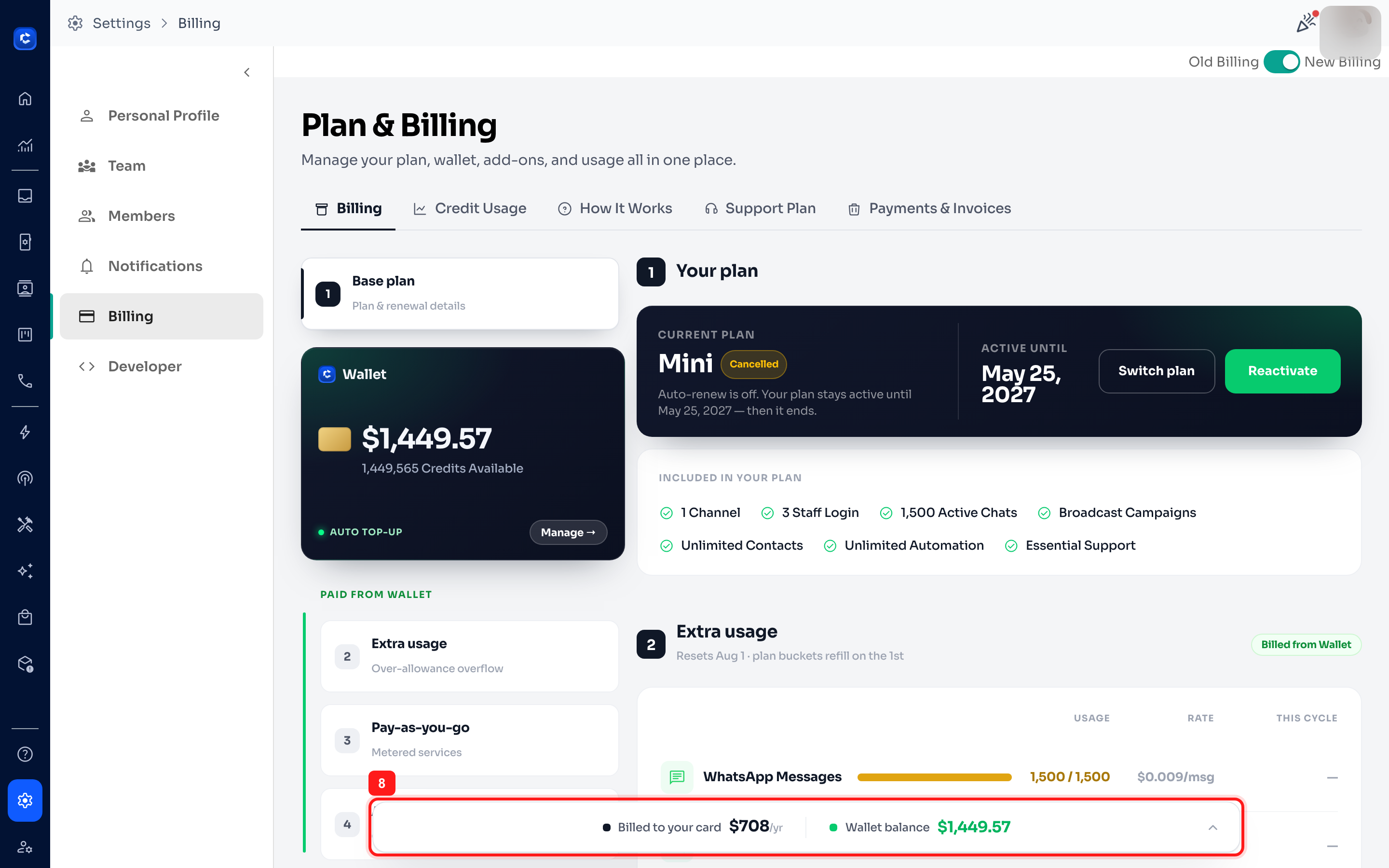 The summary bar: what’s billed to your card vs. your Wallet balance.
