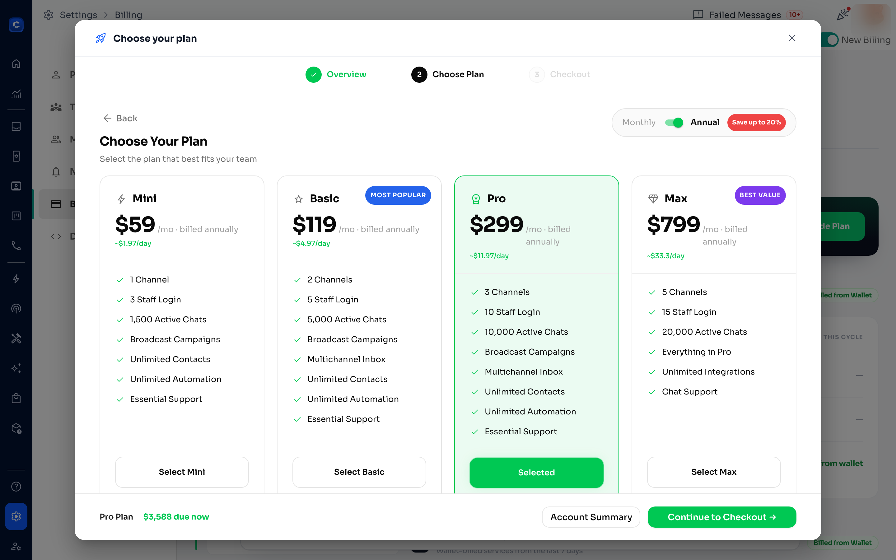 Choose Your Plan: compare tiers and switch between monthly and annual.