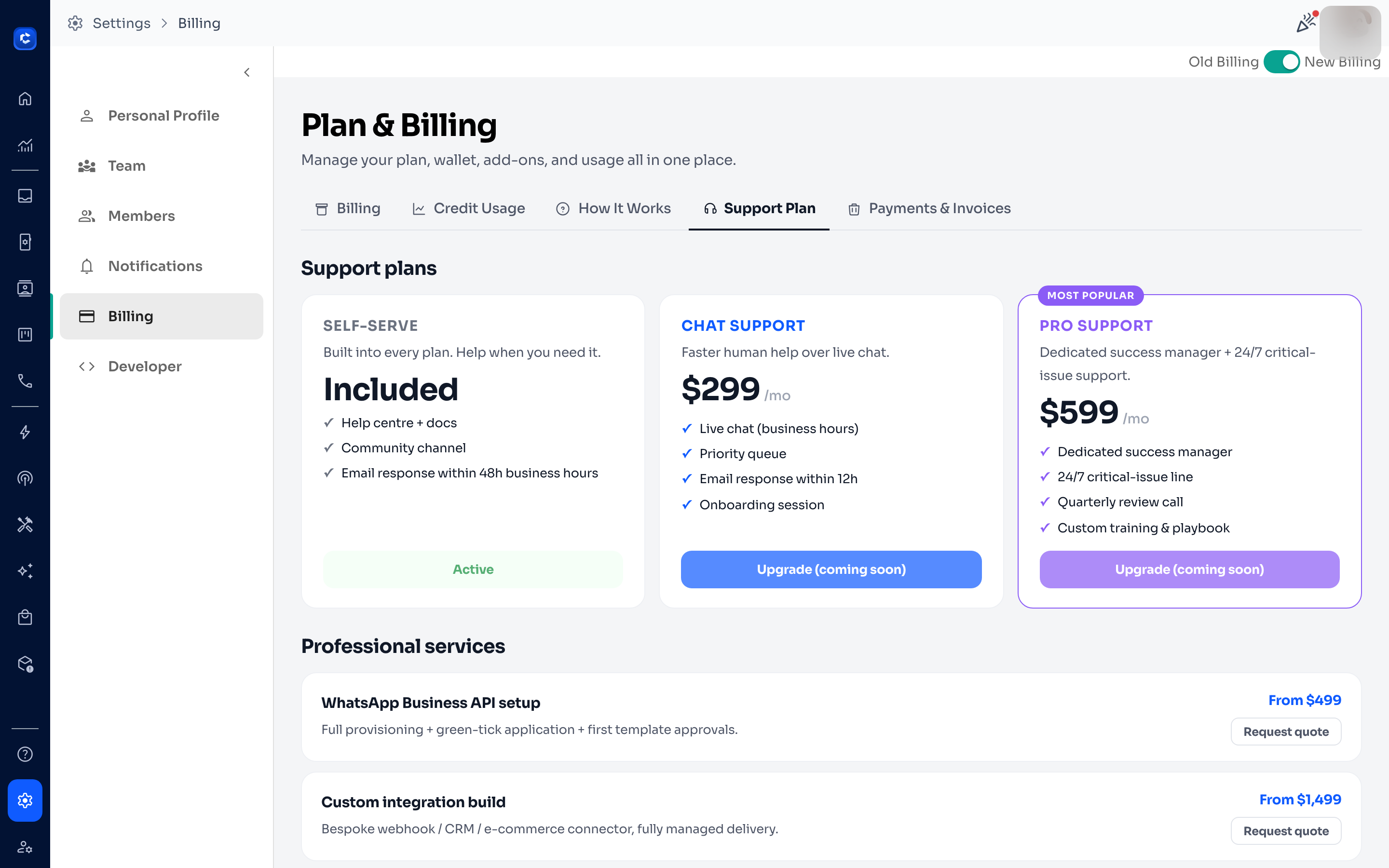 The Support Plan tab: included support plus optional paid tiers and services.
