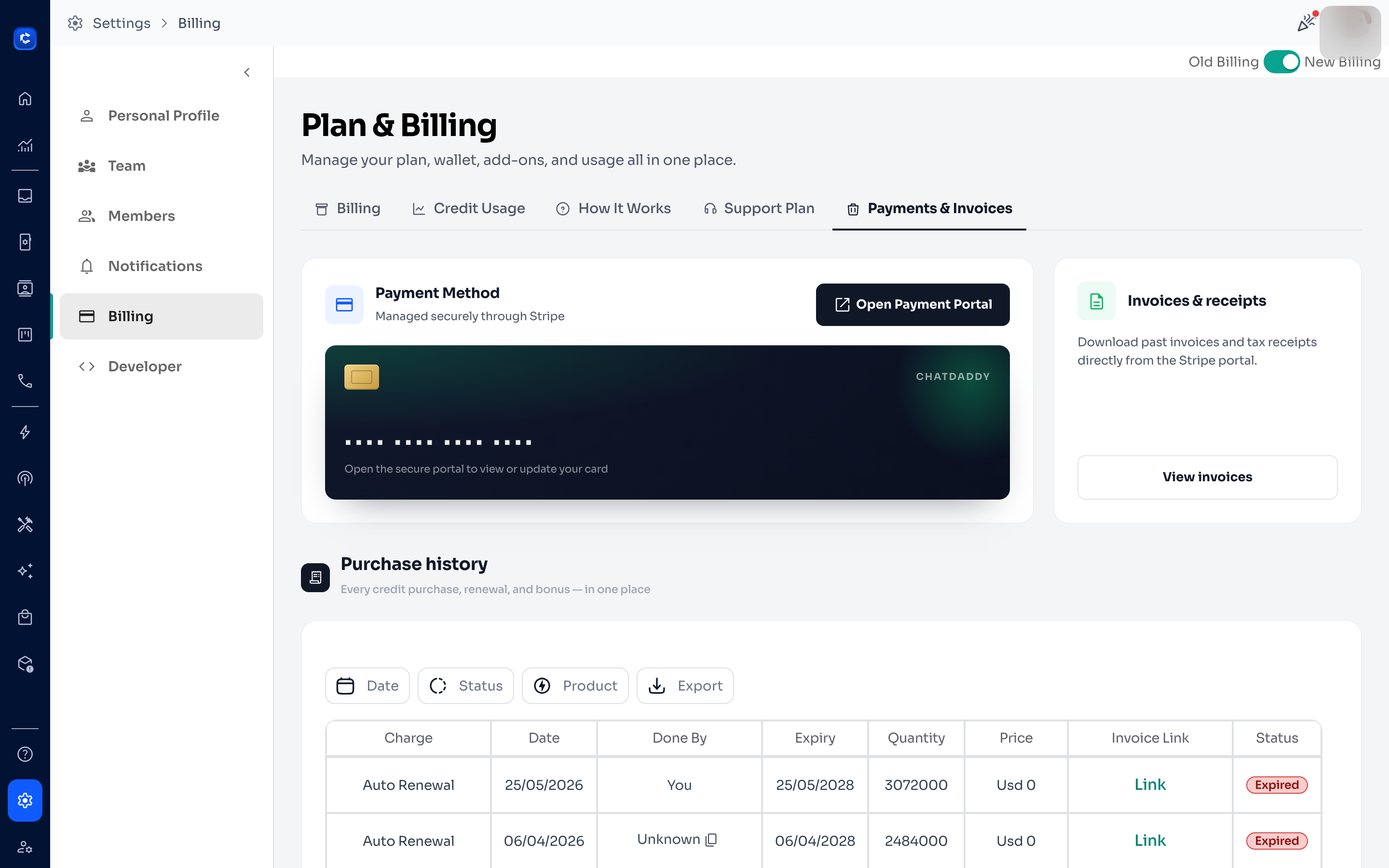 Payments & Invoices: payment method, invoices, and purchase history.