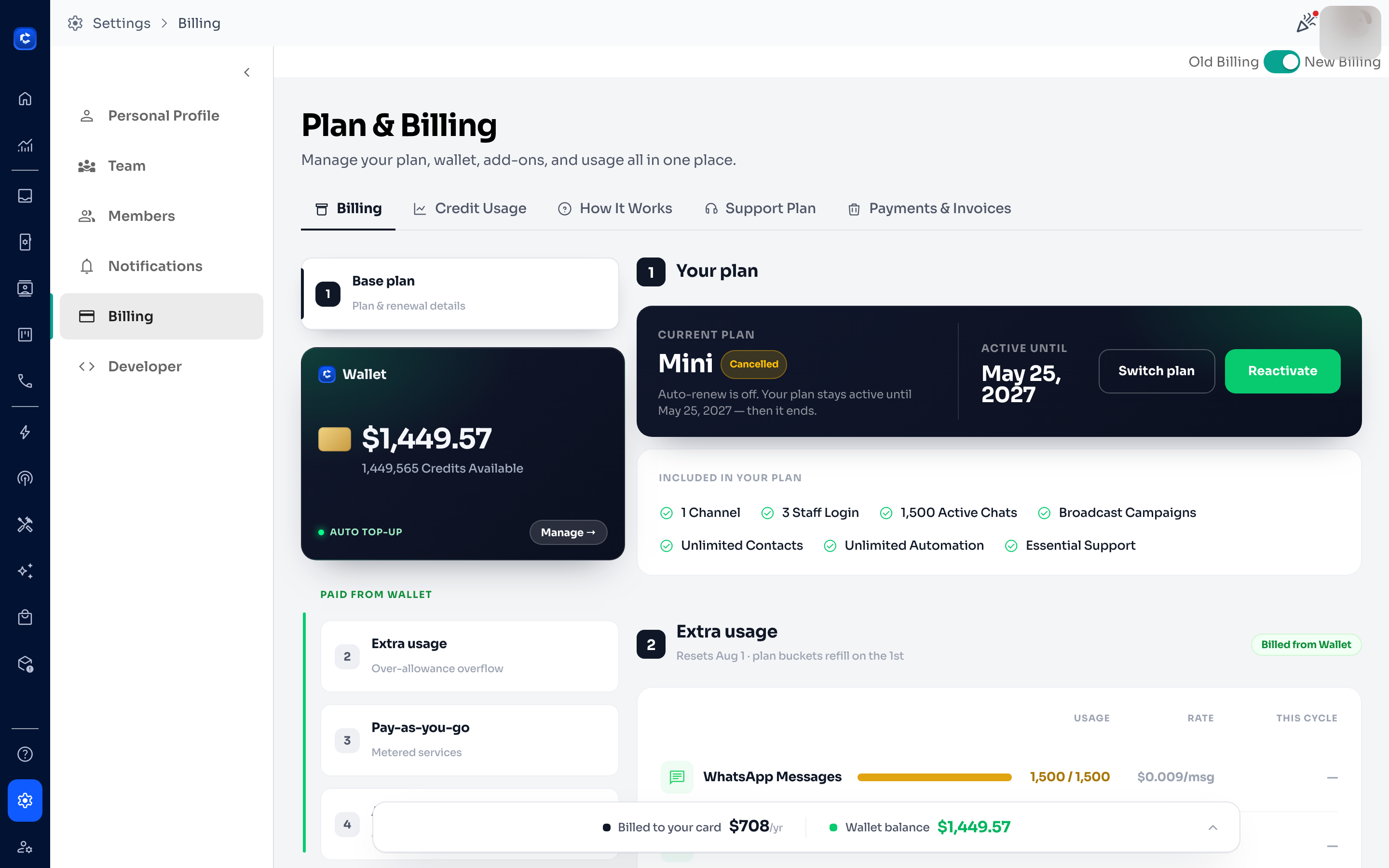 The Plan & Billing dashboard overview.