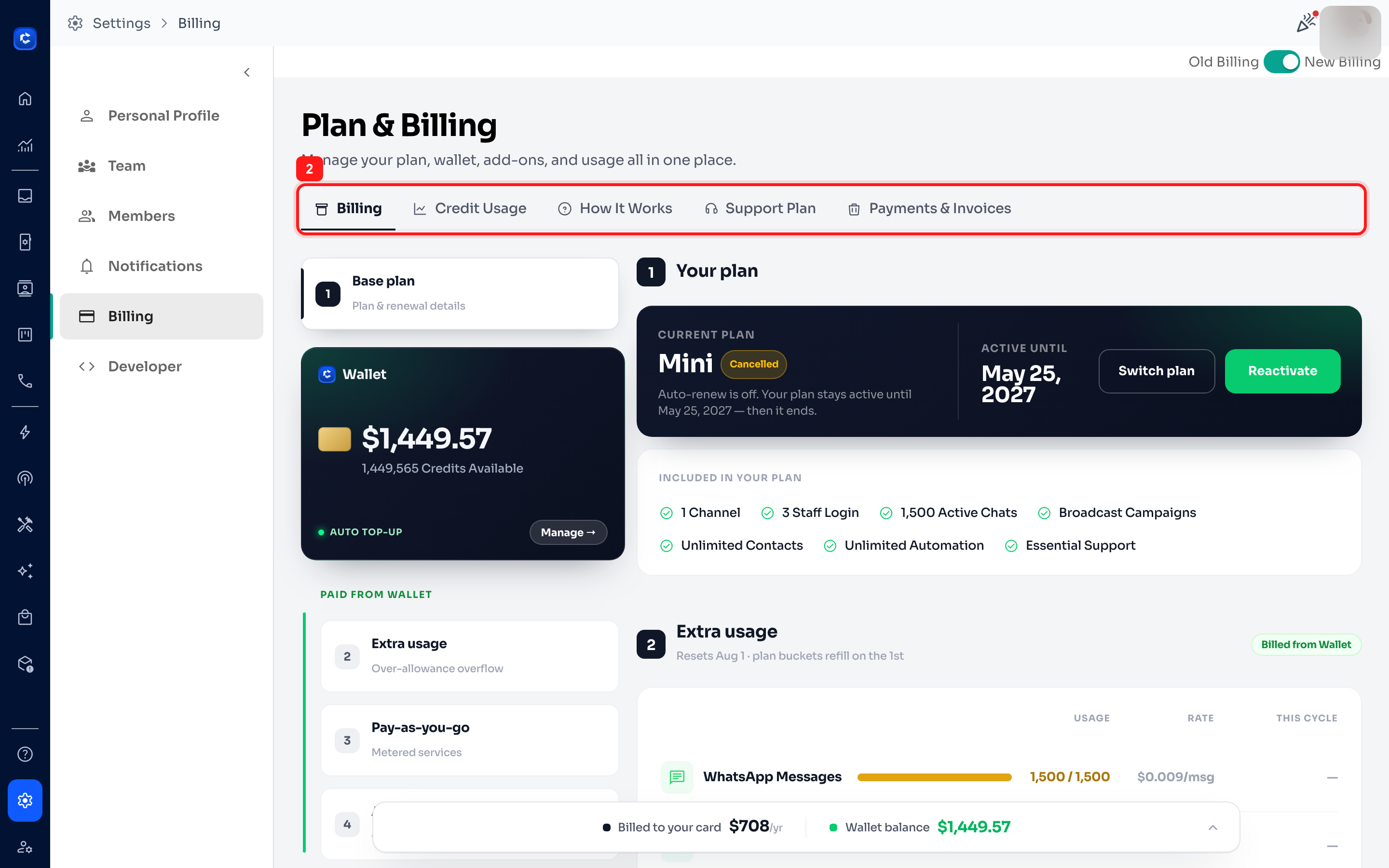 The five Billing tabs.