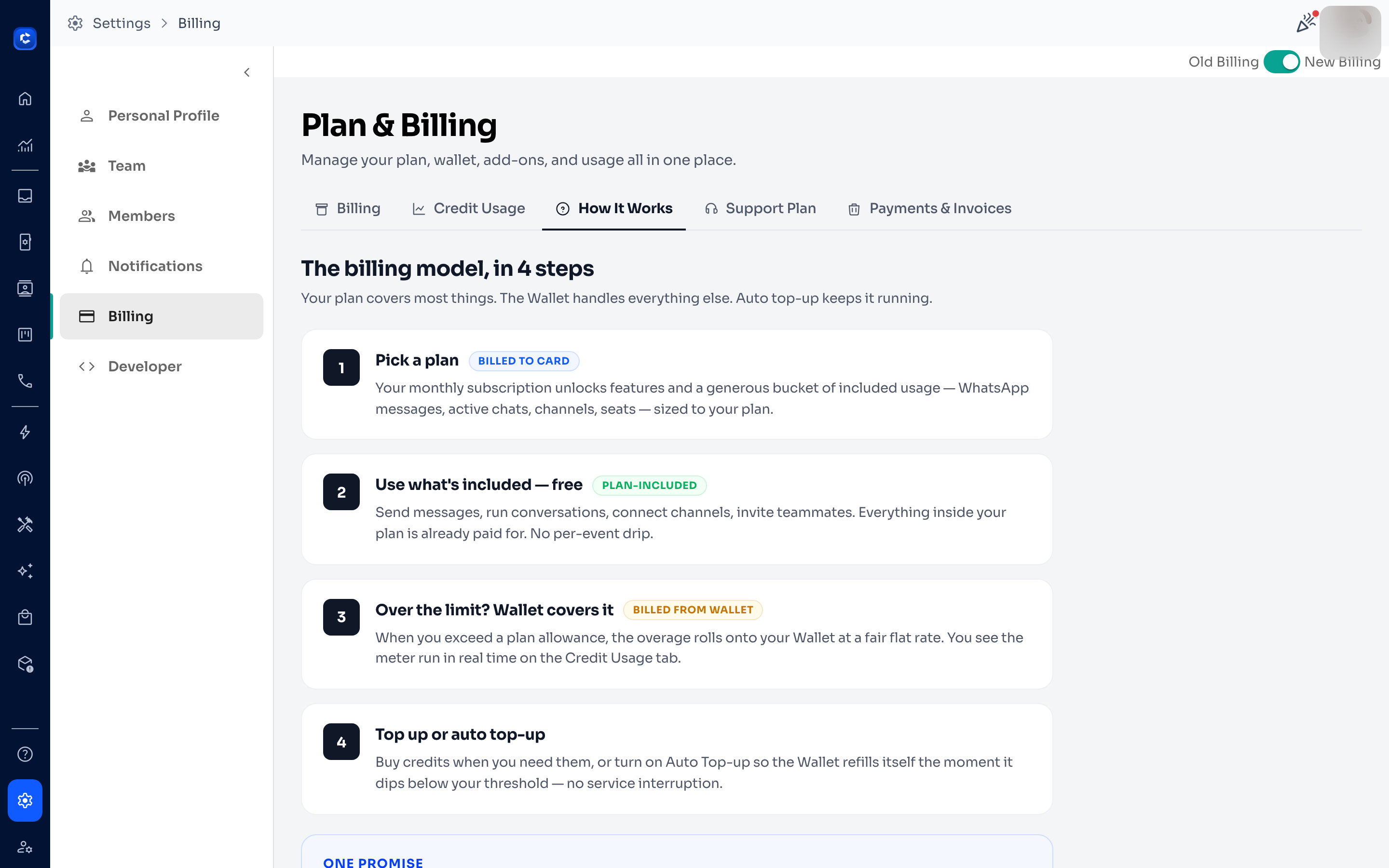 The How It Works tab explains the billing model in four steps.