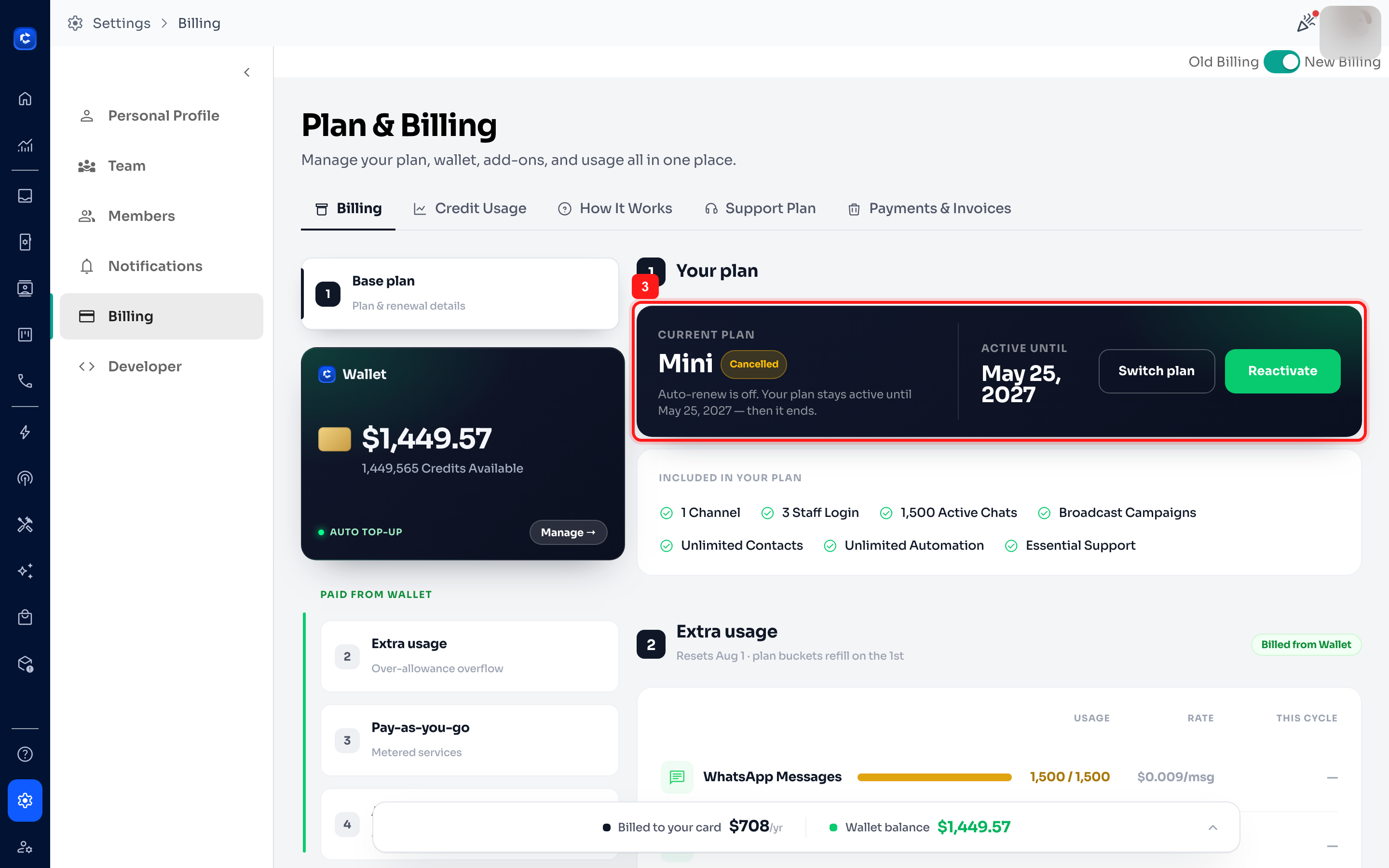 The Your plan card: current plan, status, renewal date and actions.