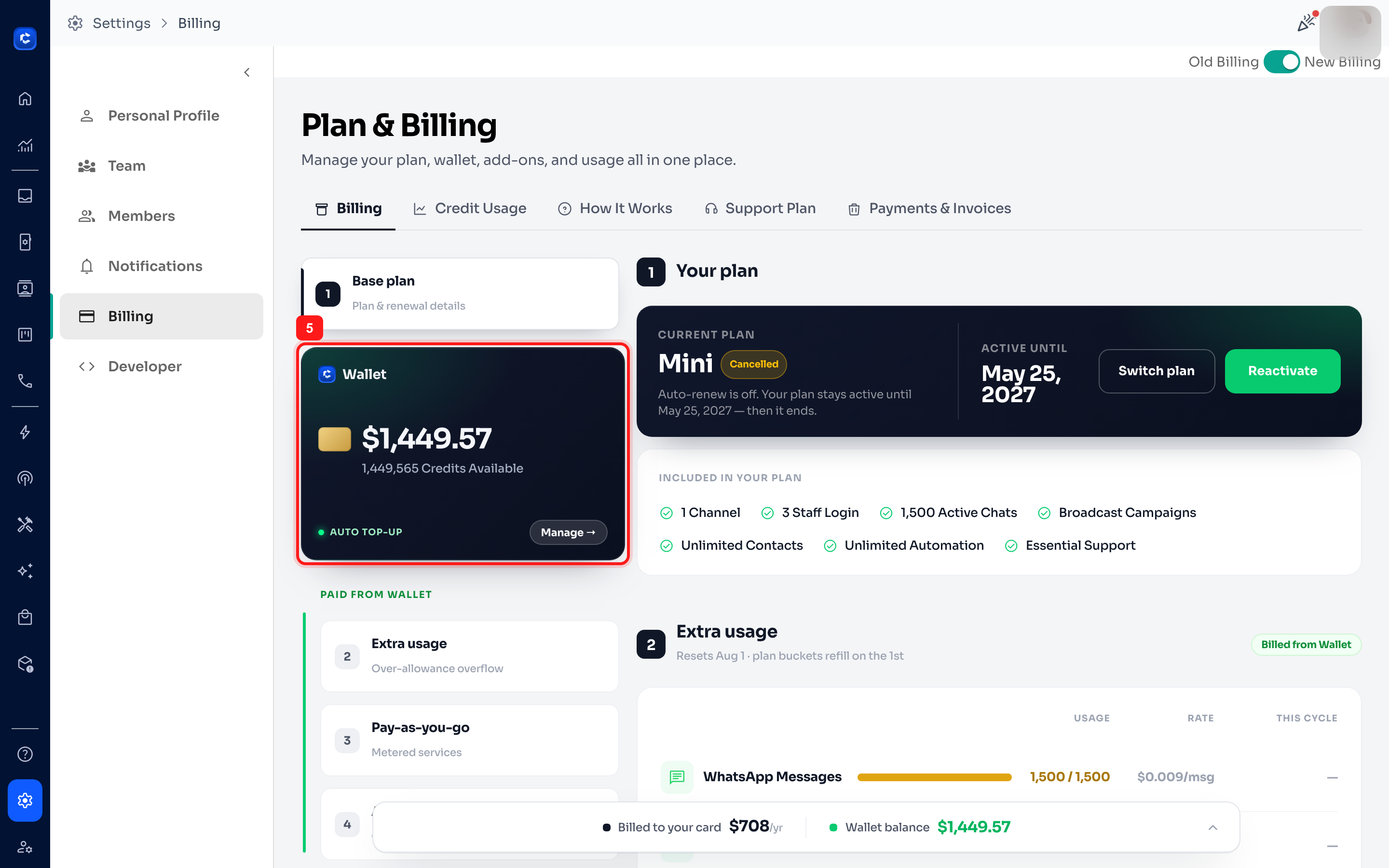 The Wallet card shows your credit balance and auto top-up status.