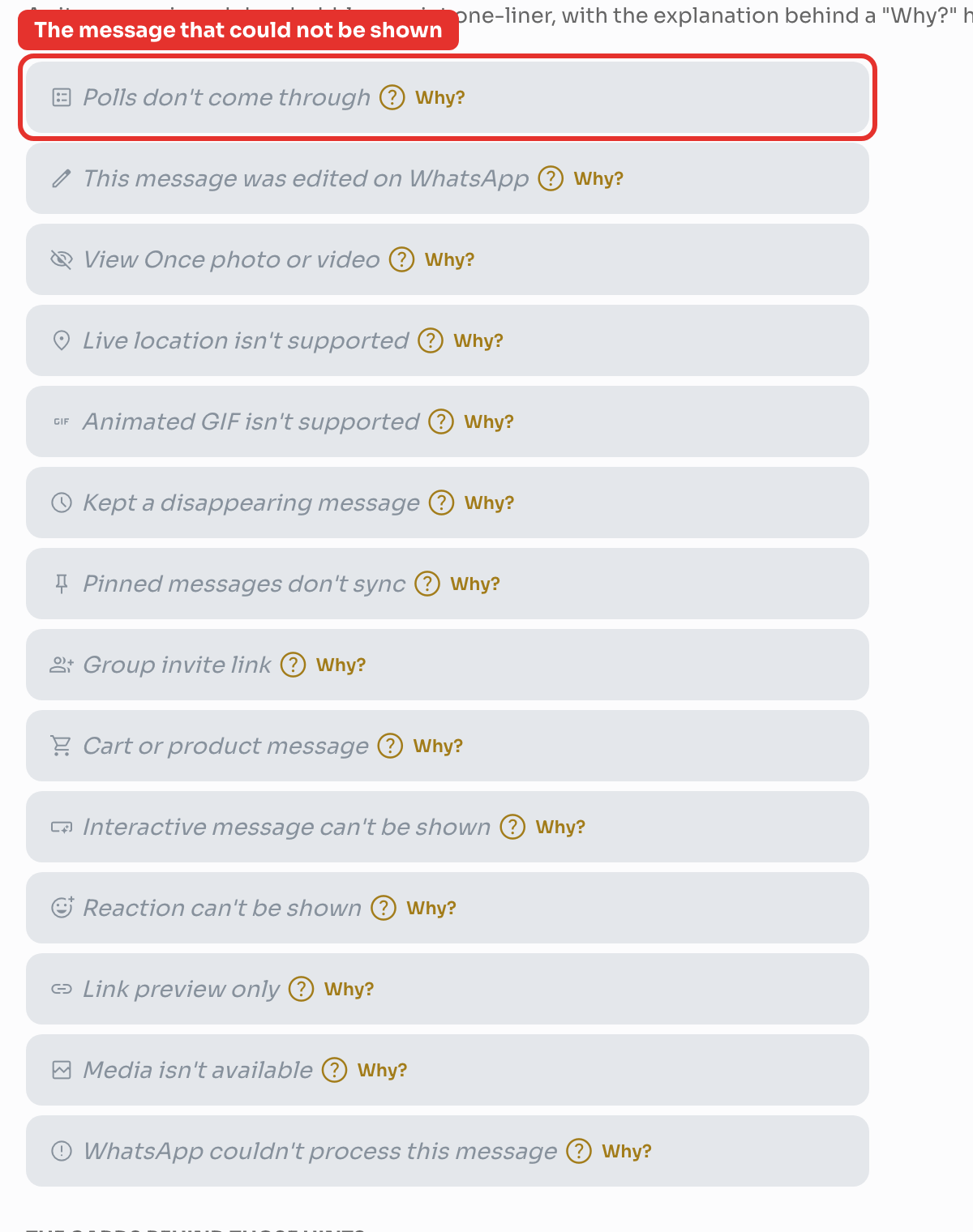 The chat bubble names what arrived — here, a poll that the API cannot deliver.