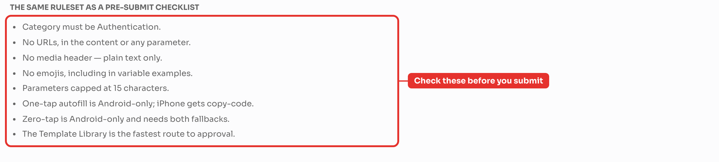 The eight authentication-template rules as a pre-submit checklist.