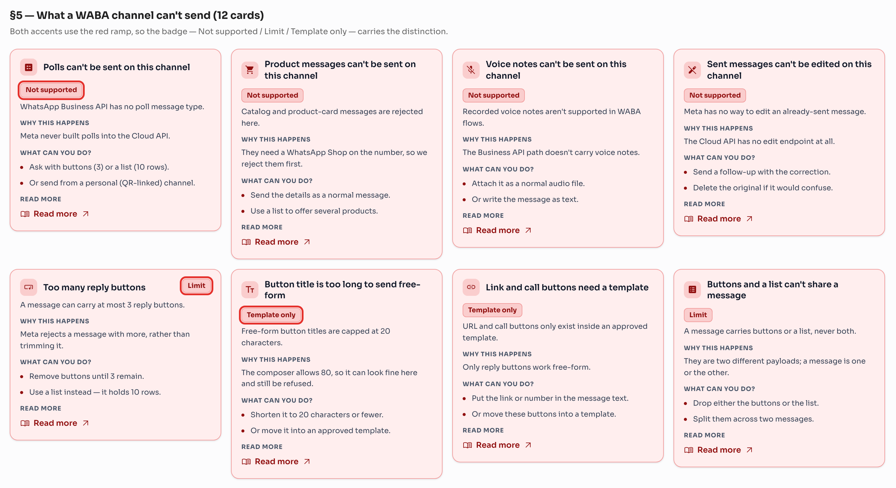 The three badges: Not supported, Limit, and Template only.