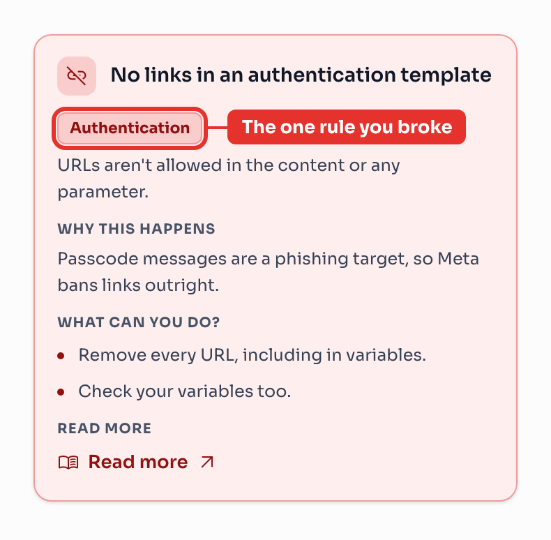 A named rejection reason, with the rule, the reasoning, and the fix.