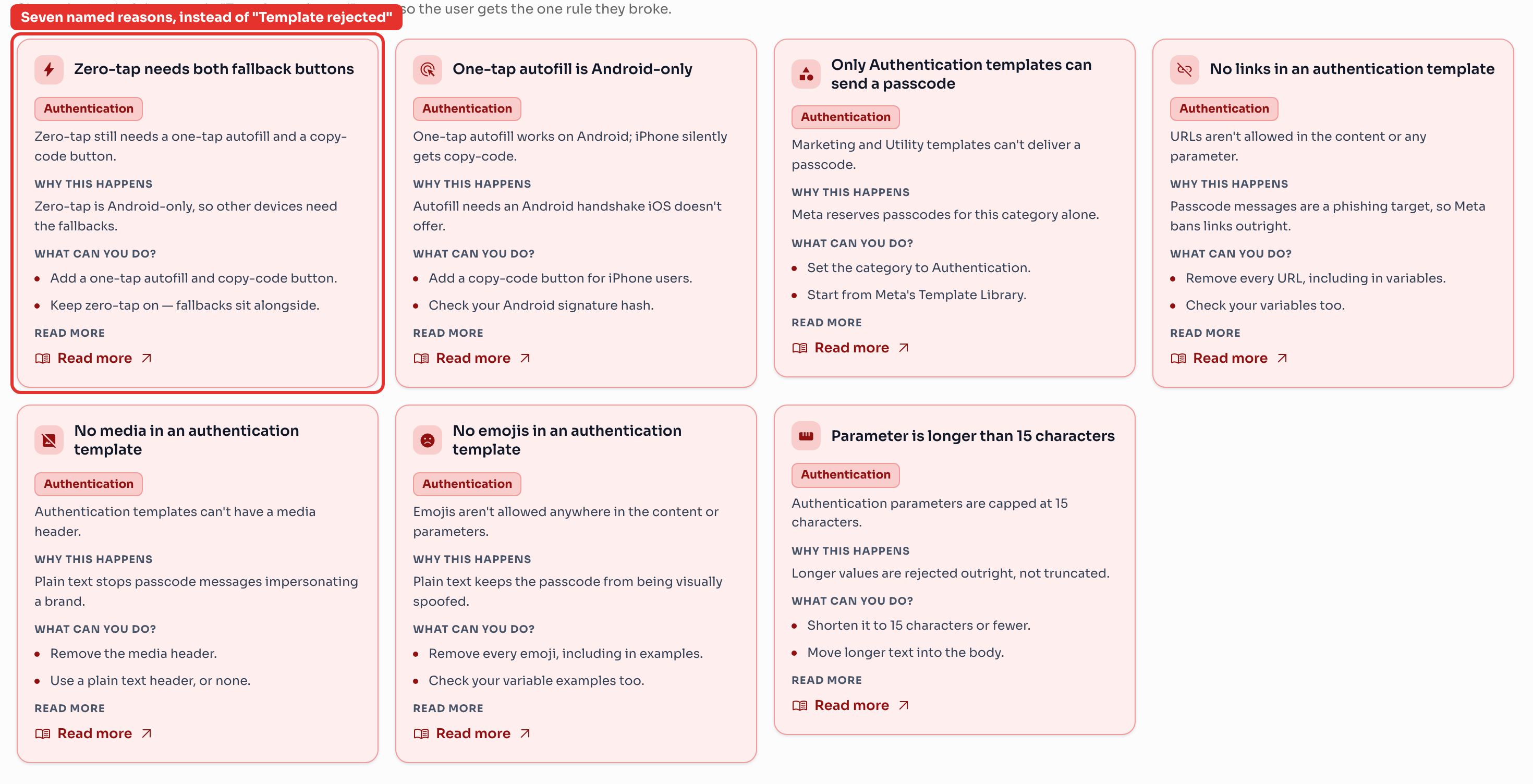 Seven named rejection reasons, replacing the generic “Template rejected” message.