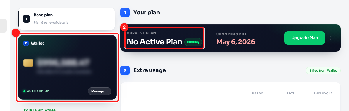 The Wallet card (1) holds your credit balance; the Current plan panel (2) shows whether you have an active plan. The balance is blurred here.