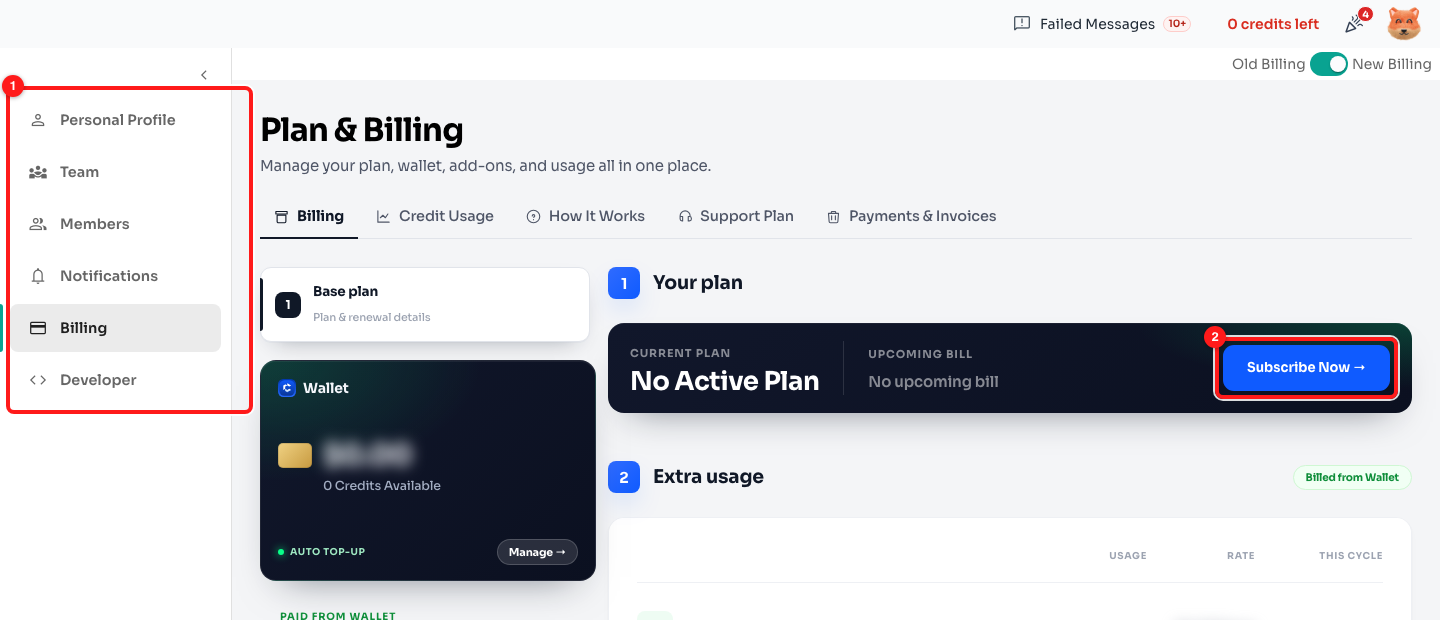 The Settings menu (1) still works while the app is blocked, and Subscribe Now (2) starts a plan. The wallet reads 0 Credits Available.