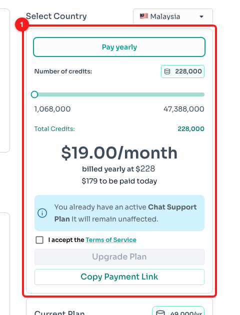 The credit purchase panel (1) on the Credits page. Prices vary by country, so yours may differ from this example.