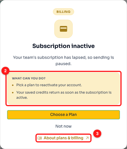 Step 2 — the "What can you do?" box (2) and the "About plans & billing" link (3).
