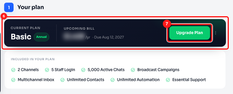 Step 4 — the Current Plan block with its status pill (6), and the action button for that status (7). This example is a healthy, auto-renewing plan.