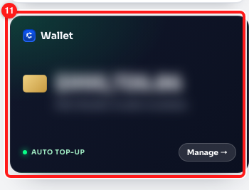 Step 6 — the Wallet card (11), with its balance blurred here. Yours will show the same figure you had before the subscription lapsed.