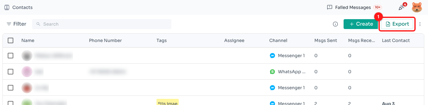 Step 1 — the Export button on the Contacts page (1).