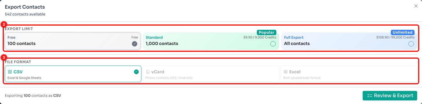 Step 2 — Export limit (2) and File format (3). Free is selected here, so only CSV is available.
