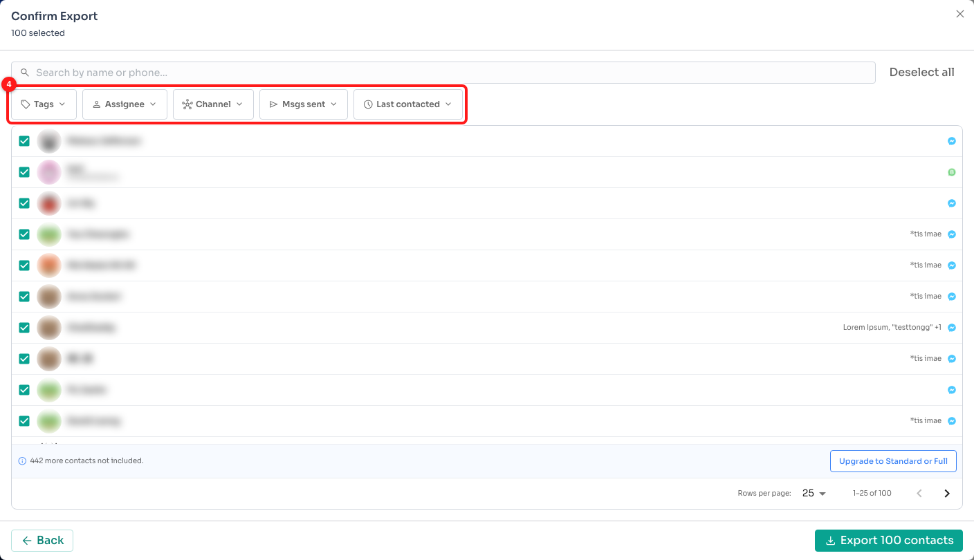 Step 3 — the filters on the Confirm Export screen (4). Contact names are hidden here for privacy.