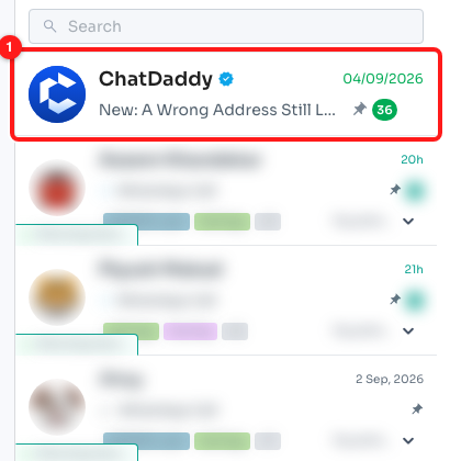 Step 1 — the pinned ChatDaddy row (1), always above the rest of the chat list.