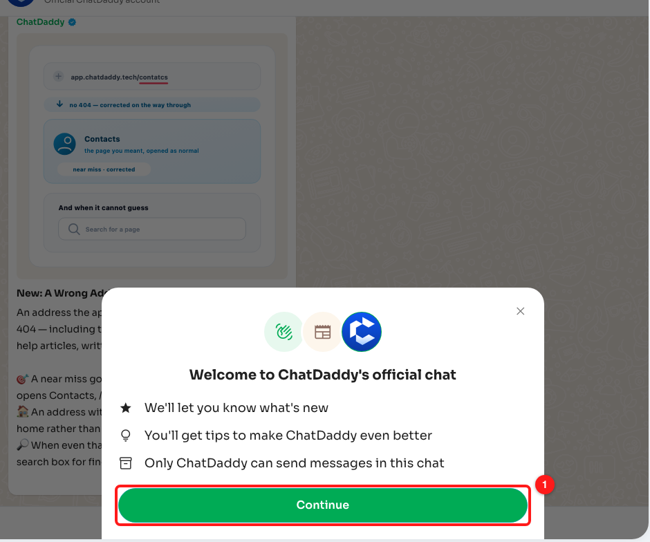 Step 2 — the one-time welcome; Continue (1) takes you into the chat.