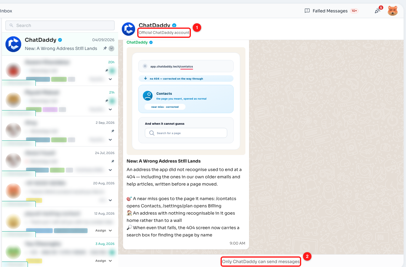 Step 3 — the header names it as the official ChatDaddy account (1); the footer where a message box would normally be says only ChatDaddy can post (2).