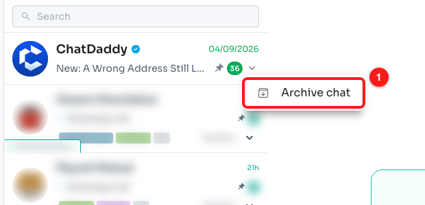 Step 5 — Archive chat (1) is the only item in the row menu.