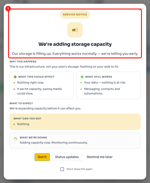 Step 1 — the severity badge, the title and the one-line summary, read as one block (1). This is a Service notice: nothing is affected yet.