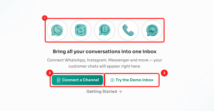 Step 1 — the five channel shortcuts (1), the Connect a Channel button (2) and Try the Demo Inbox (3).
