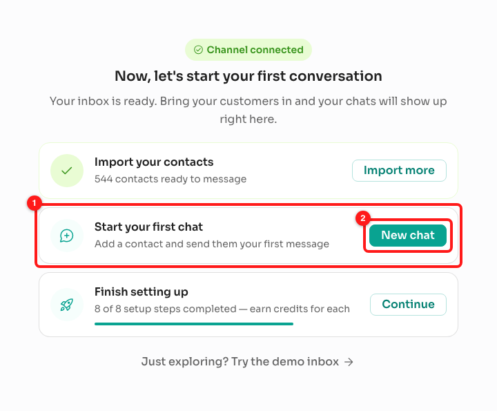 Step 5 — the first-chat card (1) and the New chat button (2).