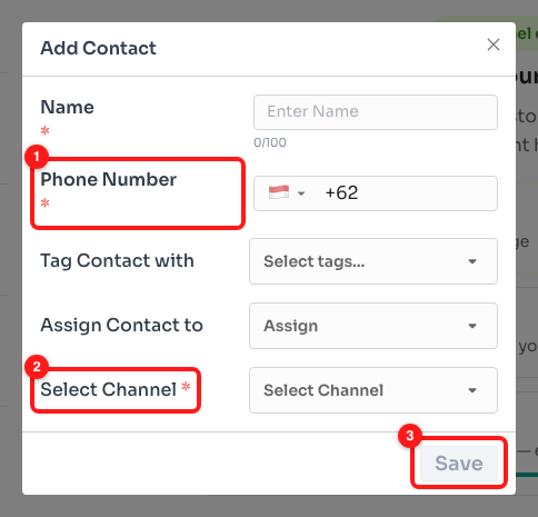 Step 6 — the phone number (1) and the channel (2) are both required before Save (3) becomes available.