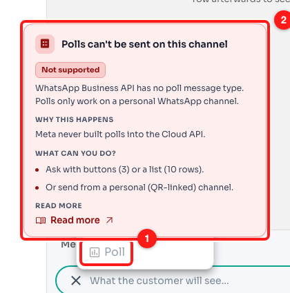 Step 2 — Poll sits in the “+” menu but is disabled (1), and hovering it shows why, along with what to use instead (2).