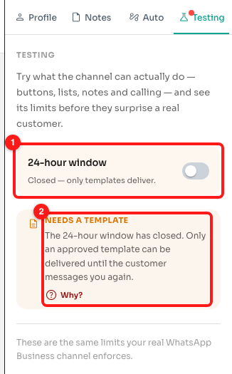 Step 3 — the 24-hour window switched to Closed (1) and the "Needs a template" explanation it triggers (2).
