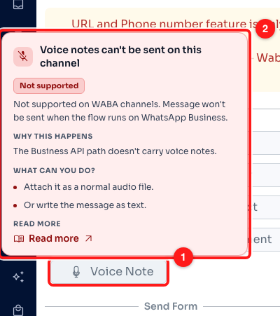 Voice Note in a message flow's attachment grid (1), with the reason and the alternative on hover (2).
