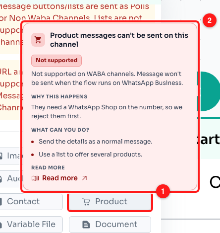The Product tile in the same grid (1) and the card explaining why it will not send (2).