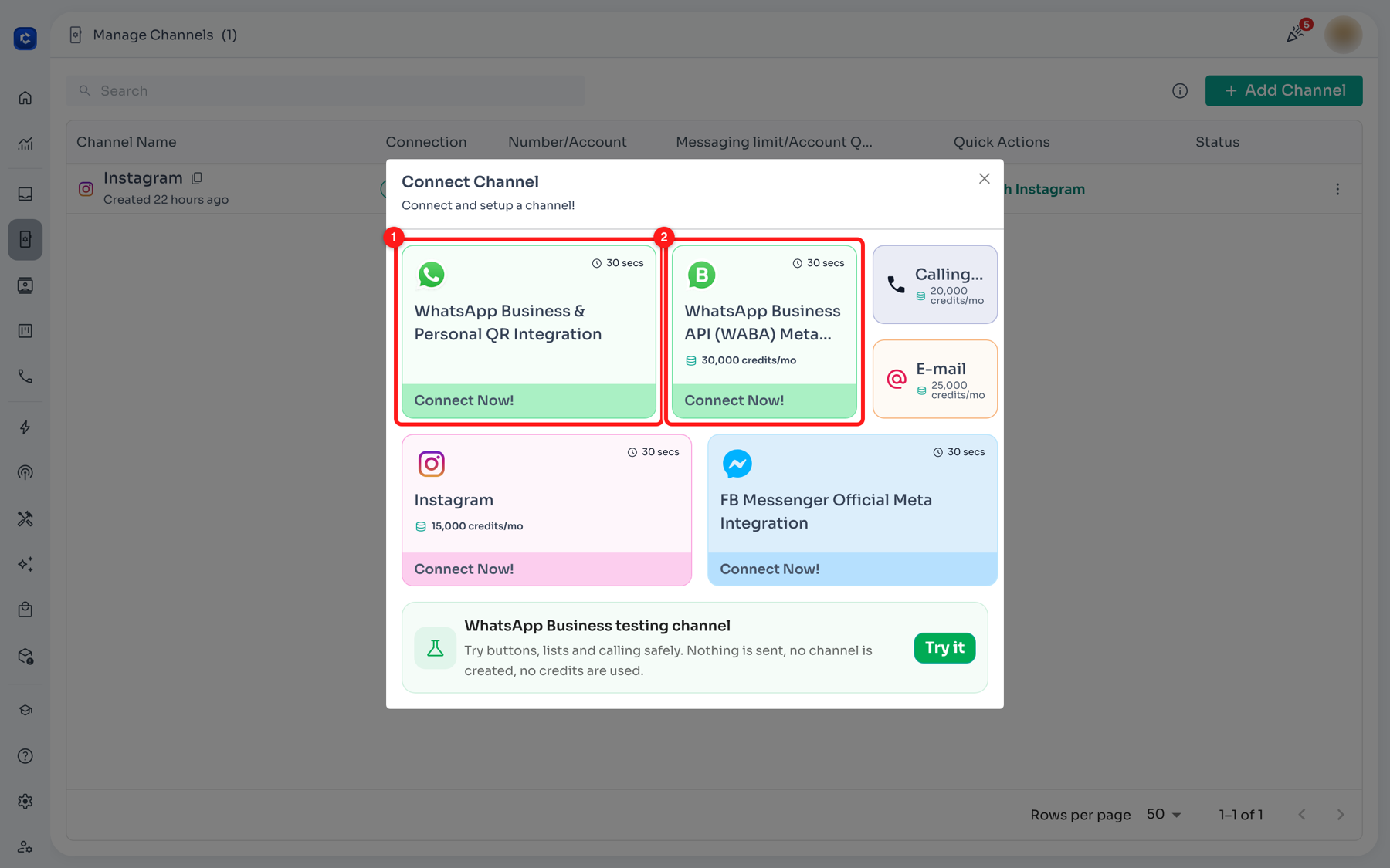 The Connect Channel dialog in ChatDaddy. (1) WhatsApp Business & Personal QR Integration — the regular app, so the Meta Verified track. (2) WhatsApp Business API (WABA) — the API track, where business verification and the Official Business Account badge live.