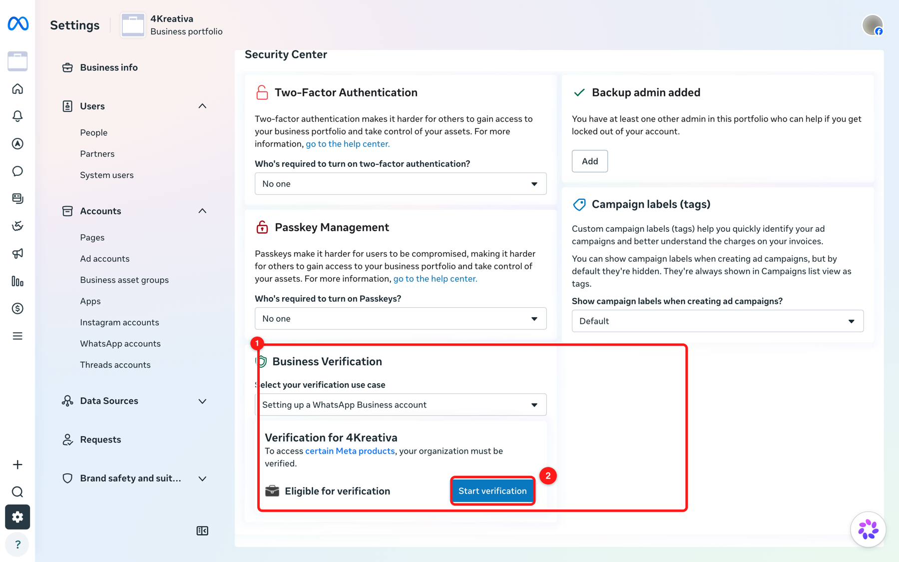 Meta Business settings → Security Center. (1) The Business Verification card, with the use case set to “Setting up a WhatsApp Business account”. (2) Start verification begins the document review.