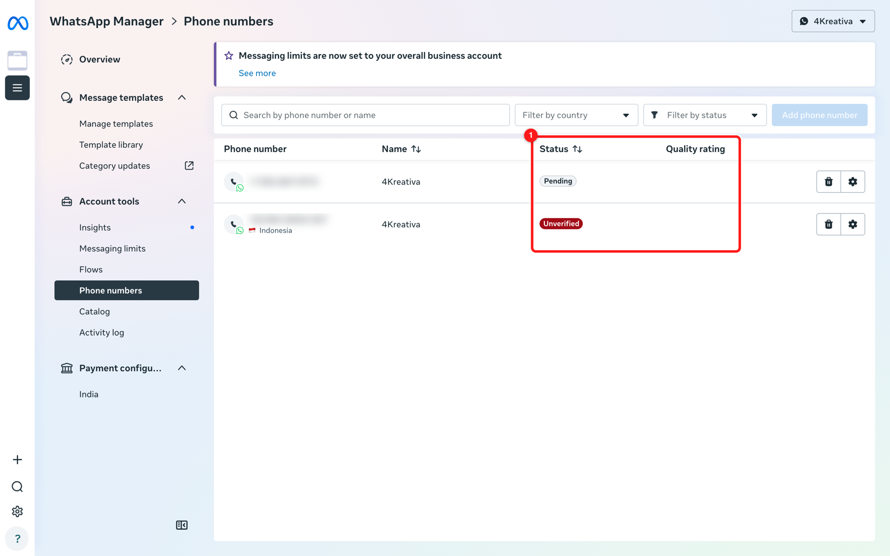WhatsApp Manager → Phone numbers. (1) Status and Quality rating. Fix anything that is not “Connected” and “High” before you apply — this is the first thing the review looks at.