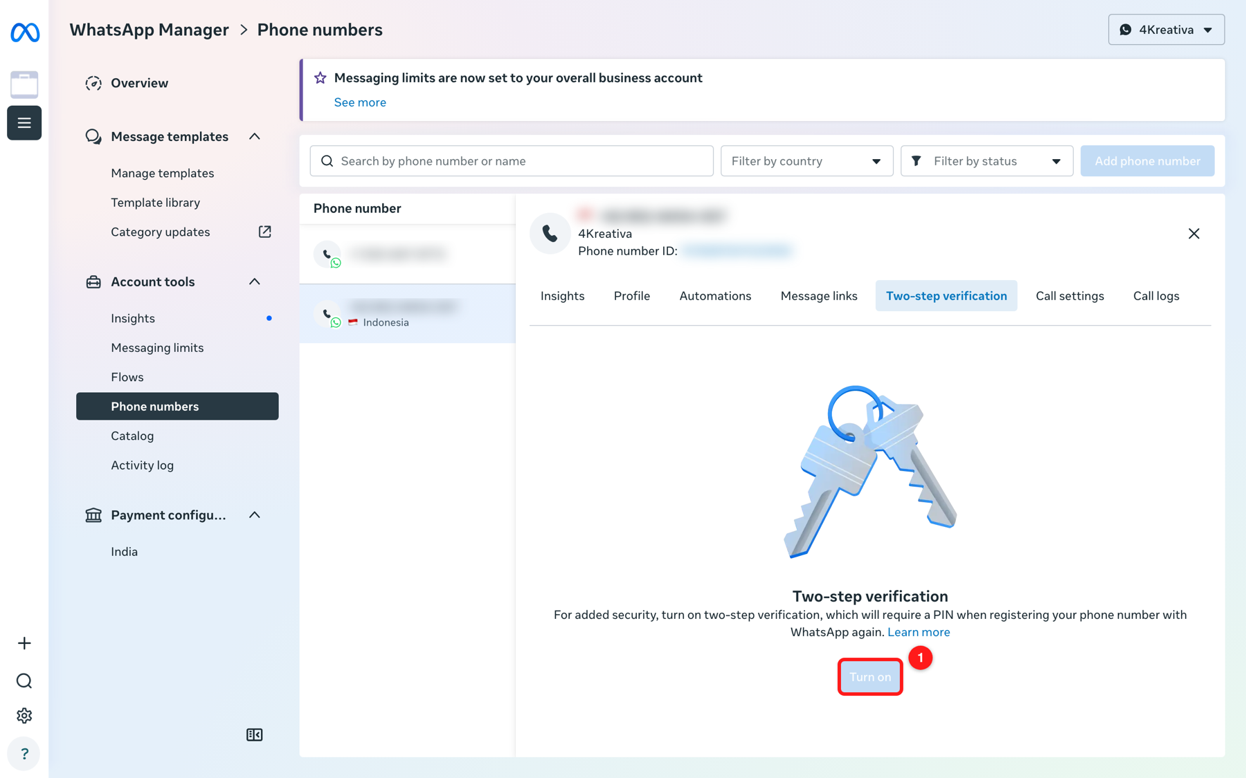 The Two-step verification tab on the phone number. (1) Turn on — a required item on the green tick checklist, and the thing that protects your number from being re-registered elsewhere.