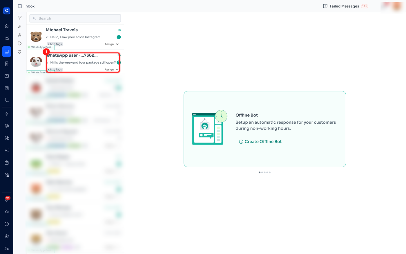 Step 1 — a hidden-number chat in the Inbox list, labelled "WhatsApp user · …736229"