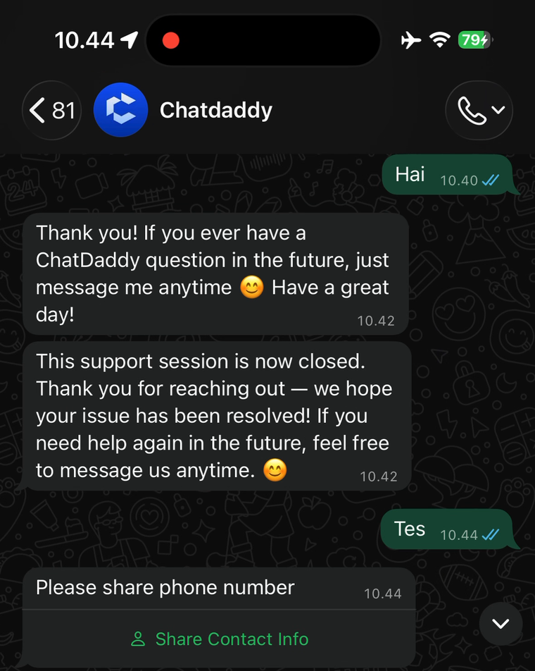 The customer's WhatsApp: your message with the Share Contact Info button.