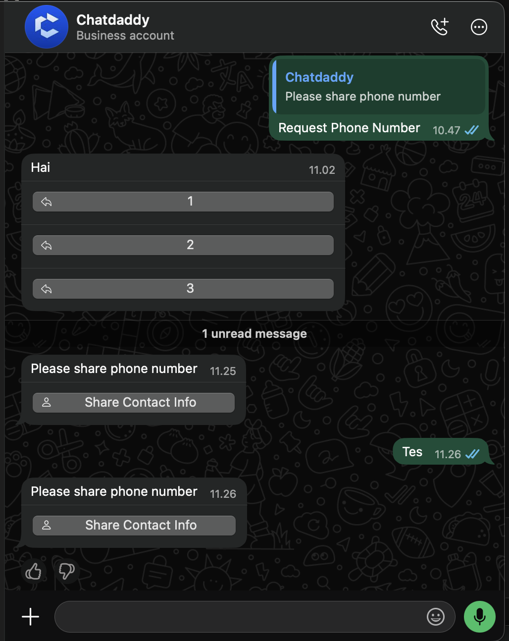 Mobile app — the request renders with a working Share Contact Info button.