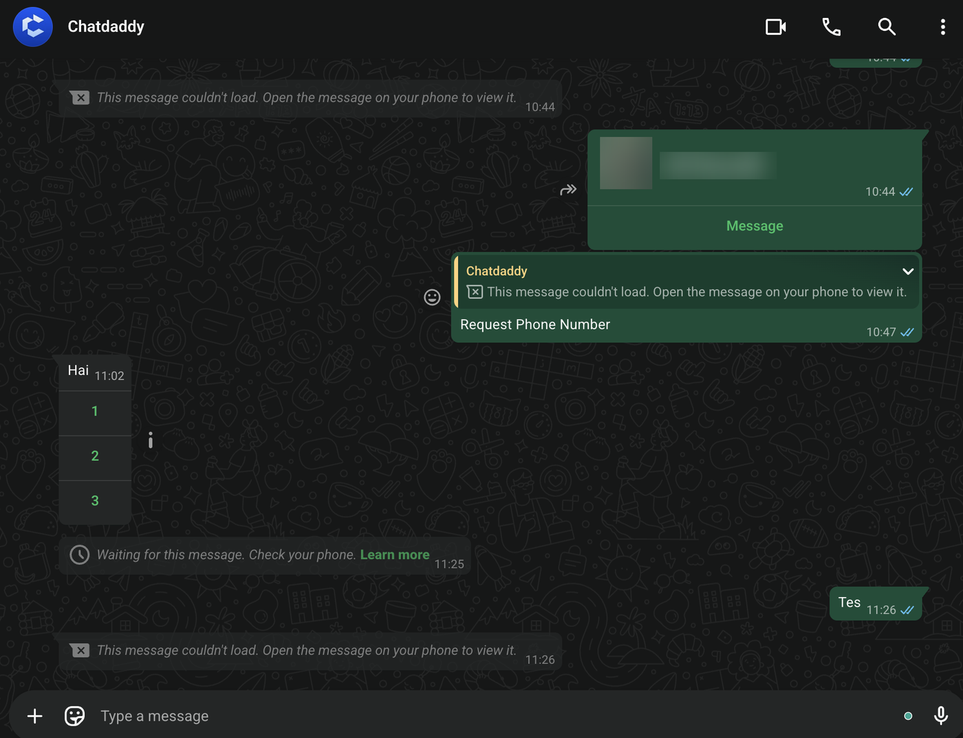 WhatsApp Web — the same request cannot be displayed.