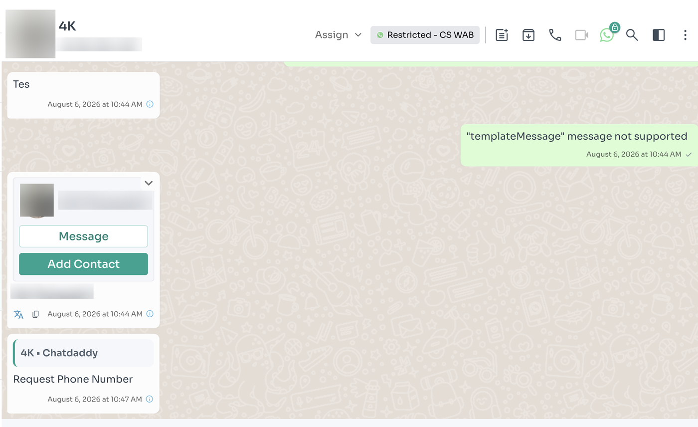 A non-WABA channel — the request is rejected with "templateMessage" message not supported.