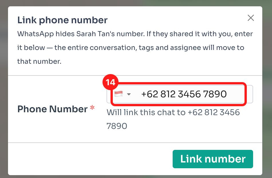 Step 14 — enter the number; a valid one shows "Will link this chat to …" before you commit