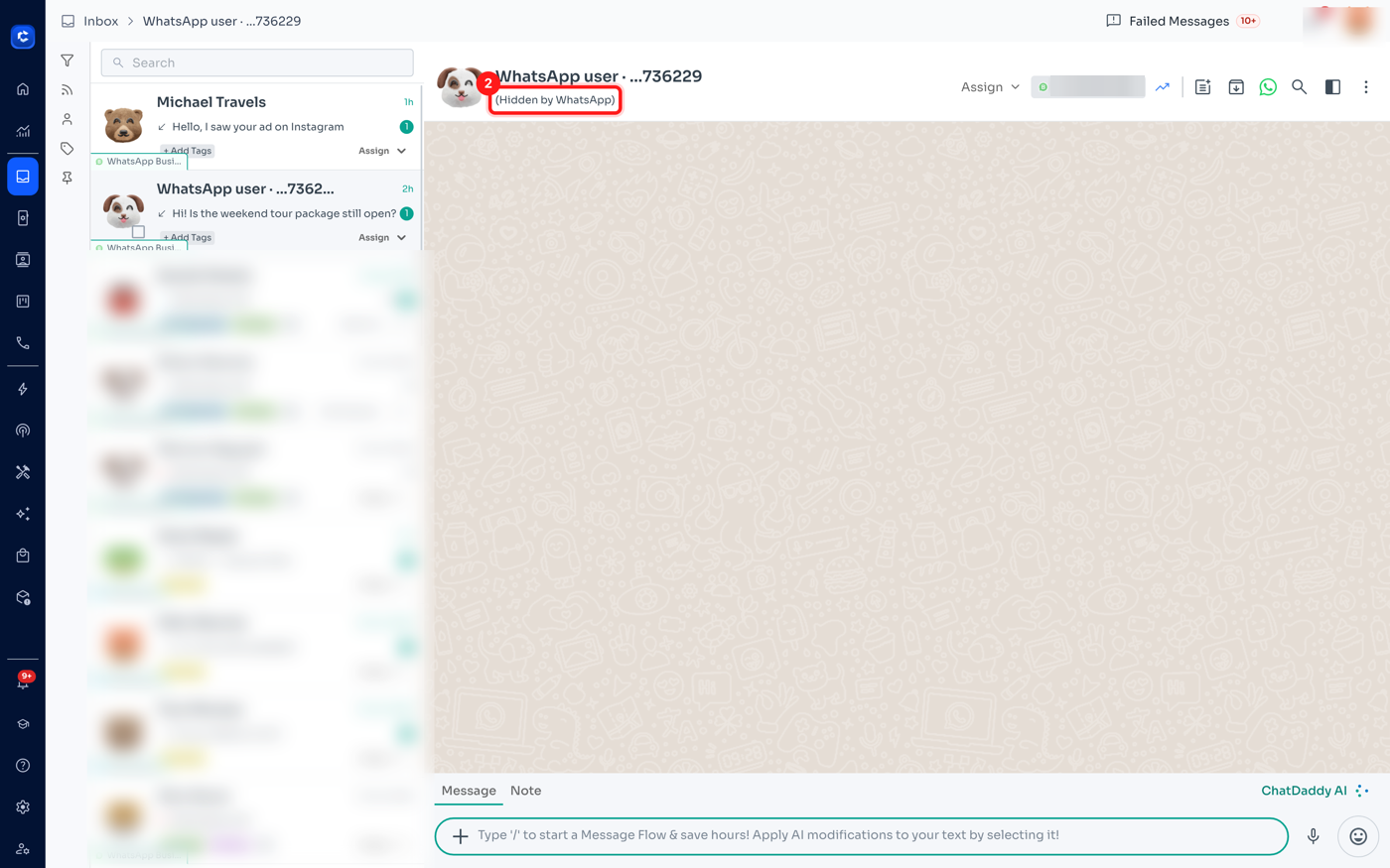 Step 2 — the chat header shows "(Hidden by WhatsApp)" instead of a phone number