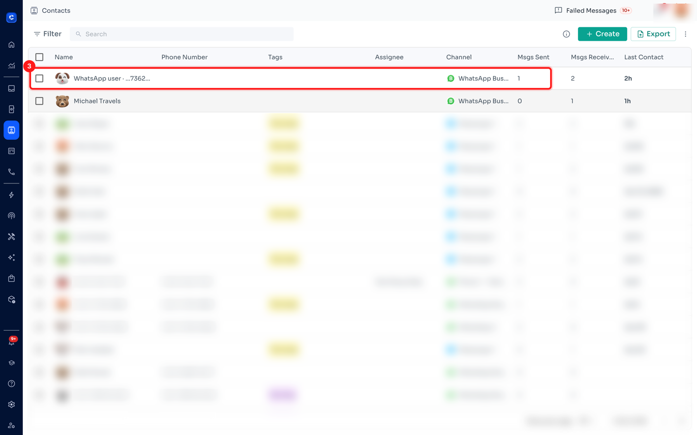 Step 3 — a hidden-number contact on the Contacts page, with an empty Phone Number column